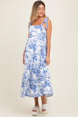 Blue Floral Shoulder Tie Striped Trim Maternity Midi Dress