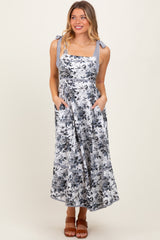 Black Floral Shoulder Tie Striped Trim Maternity Midi Dress