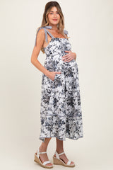 Black Floral Shoulder Tie Striped Trim Maternity Midi Dress