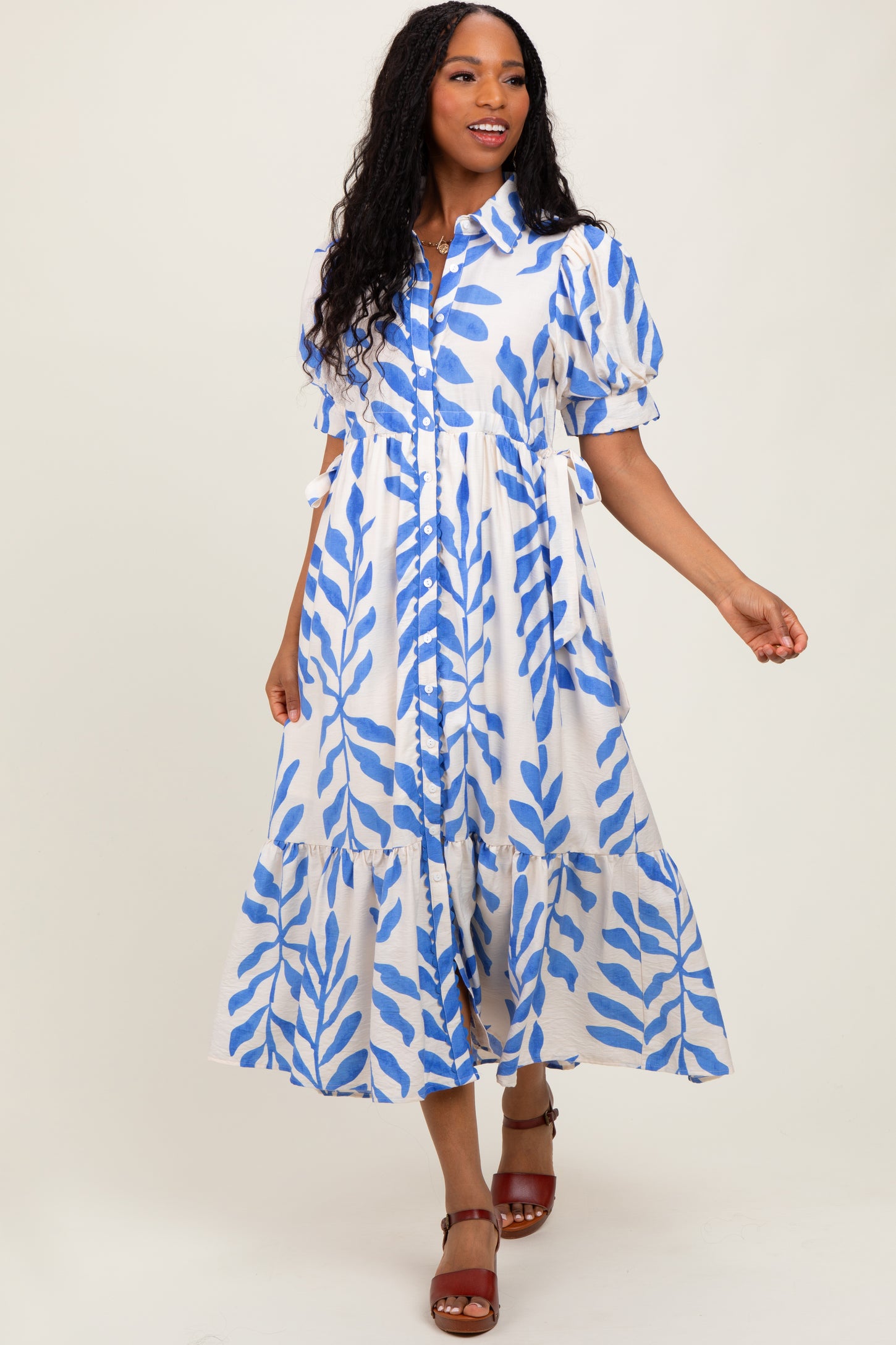 Blue Leaf Print Scallop Trim Midi Shirt Dress