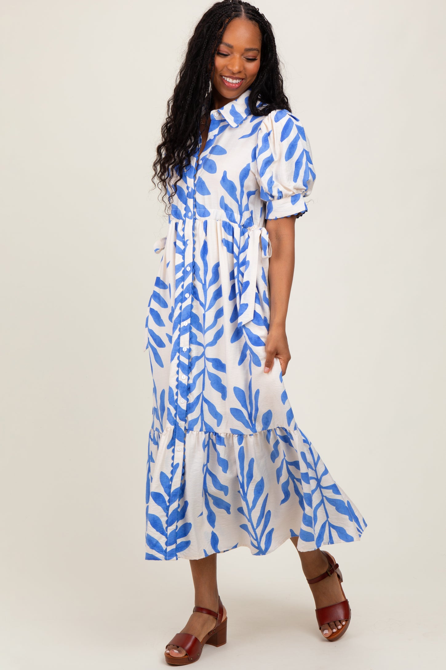 Blue Leaf Print Scallop Trim Midi Shirt Dress