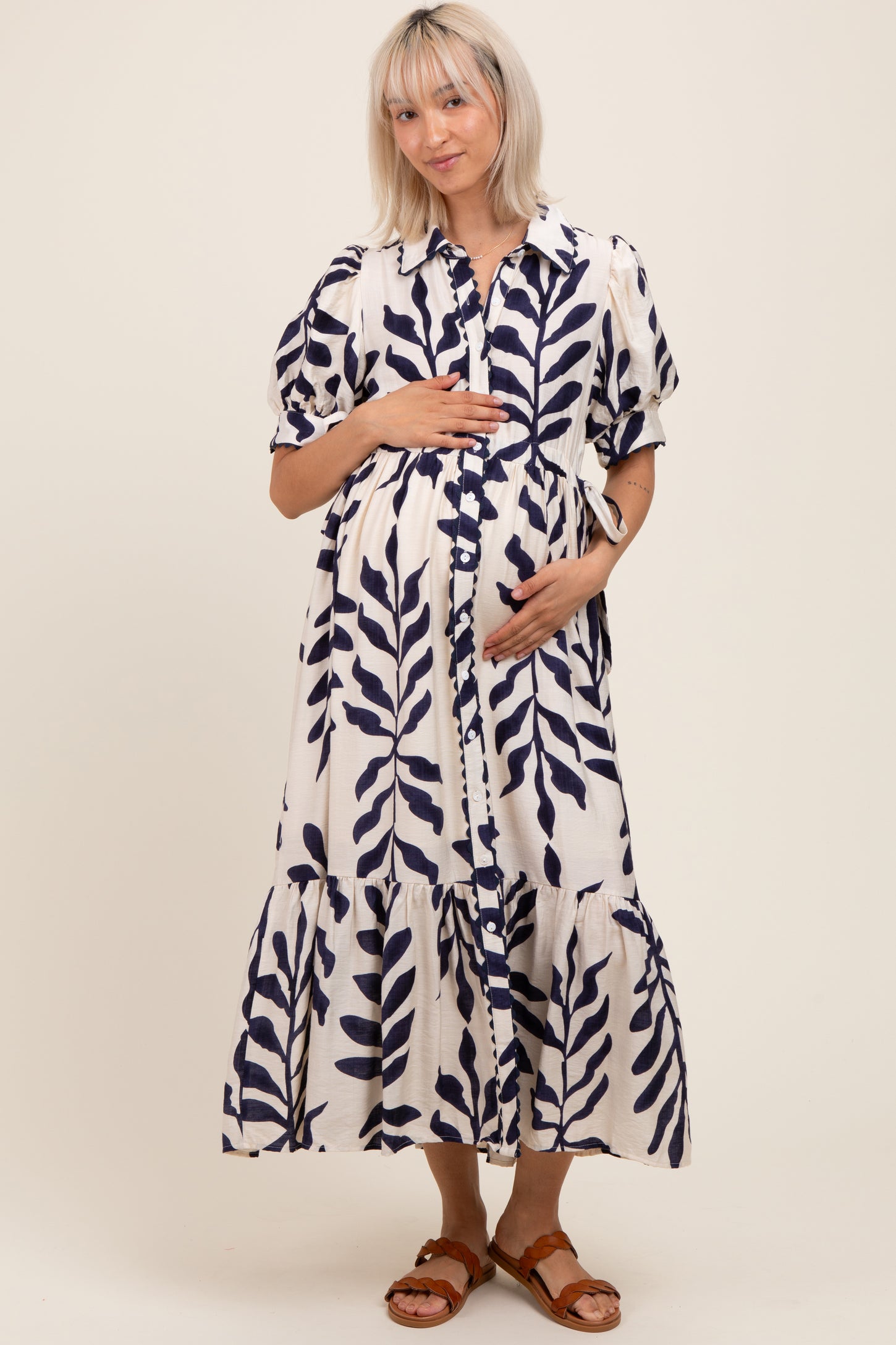Navy Blue Leaf Print Scallop Trim Maternity Midi Shirt Dress