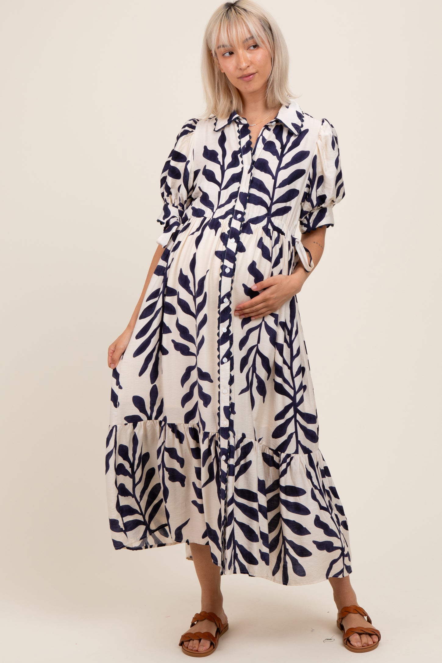 Navy Blue Leaf Print Scallop Trim Maternity Midi Shirt Dress