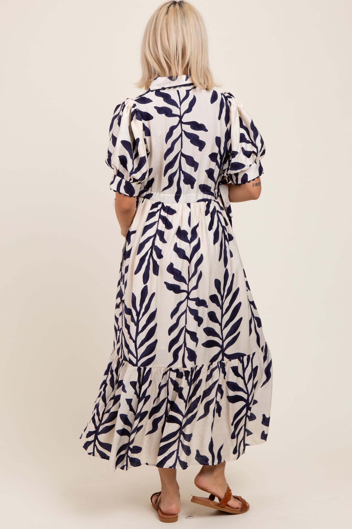 Navy Blue Leaf Print Scallop Trim Maternity Midi Shirt Dress
