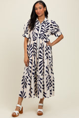 Navy Blue Leaf Print Scallop Trim Maternity Midi Shirt Dress