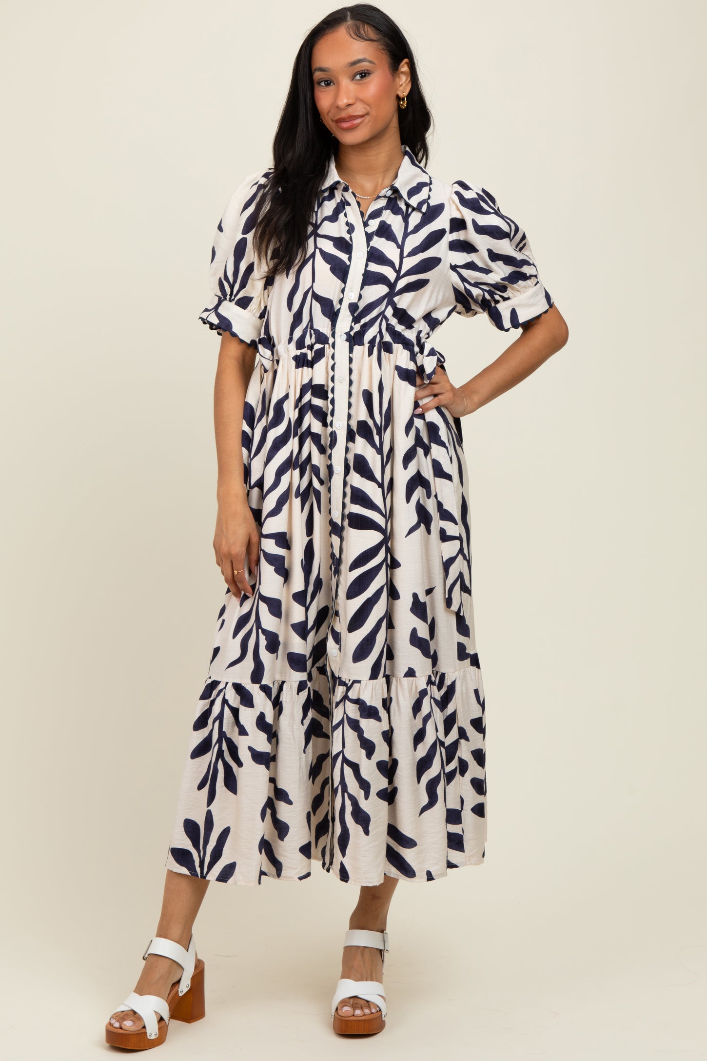 Navy Blue Leaf Print Scallop Trim Midi Shirt Dress