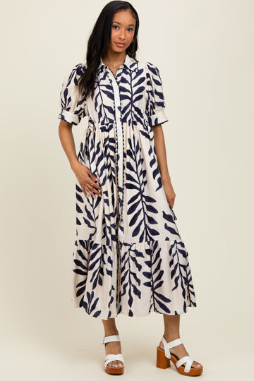Navy Blue Leaf Print Scallop Trim Midi Shirt Dress