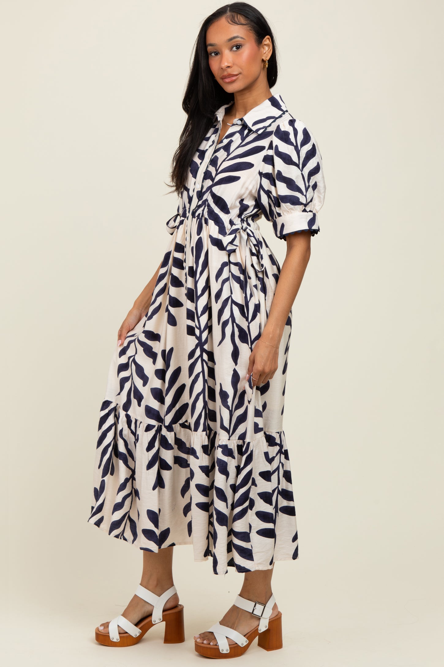 Navy Blue Leaf Print Scallop Trim Midi Shirt Dress