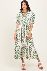 Olive Leaf Print Scallop Trim Midi Shirt Dress
