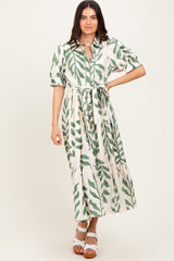 Olive Leaf Print Scallop Trim Midi Shirt Dress