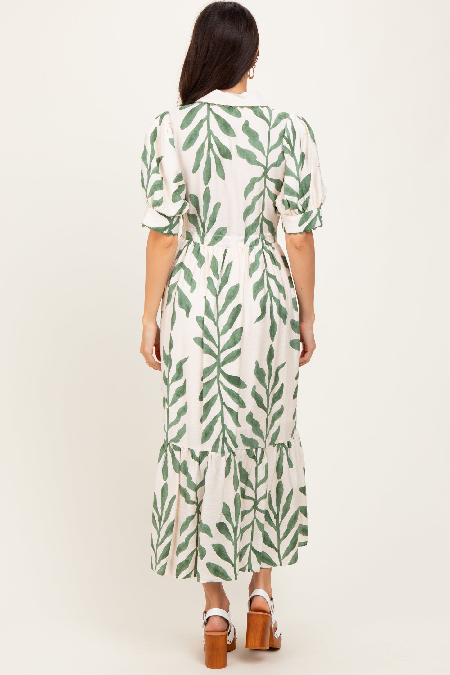Olive Leaf Print Scallop Trim Midi Shirt Dress