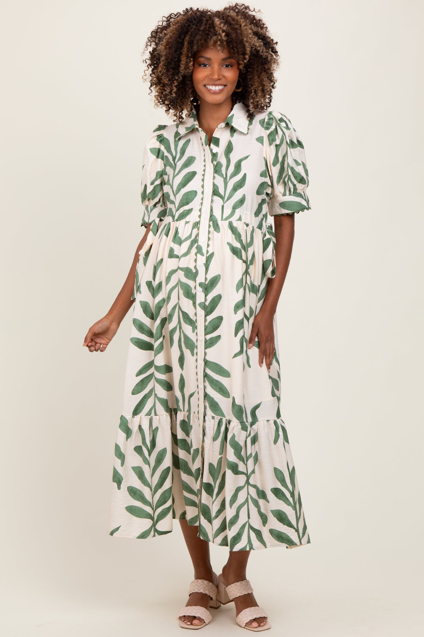 Olive Leaf Print Scallop Trim Maternity Midi Shirt Dress