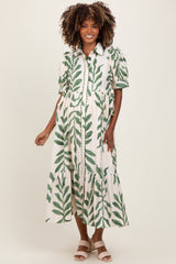 Olive Leaf Print Scallop Trim Maternity Midi Shirt Dress
