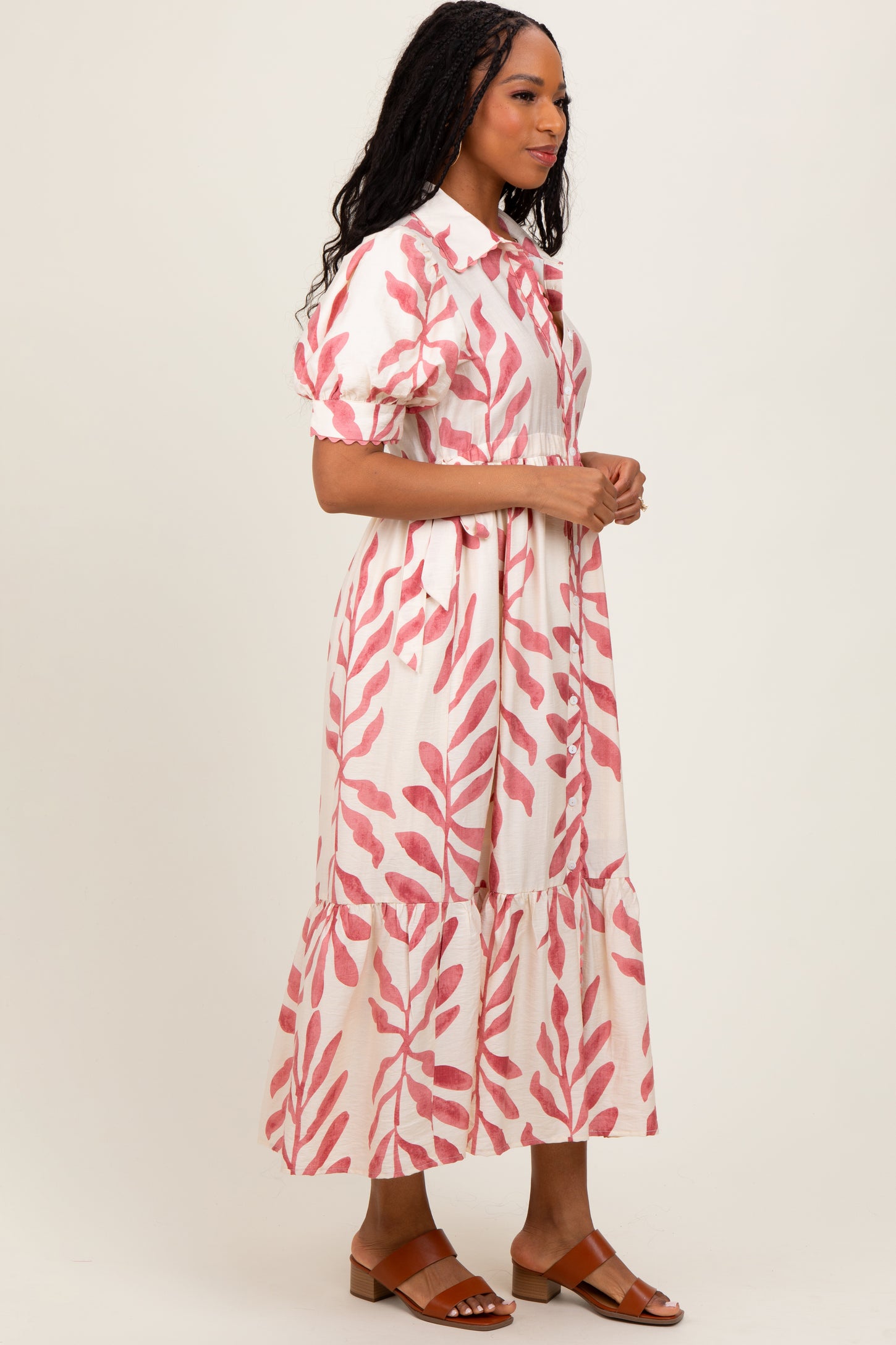 Pink Leaf Print Scallop Trim Midi Shirt Dress