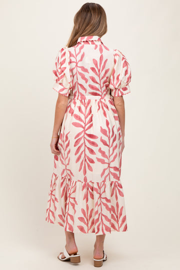 Pink Leaf Print Scallop Trim Maternity Midi Shirt Dress