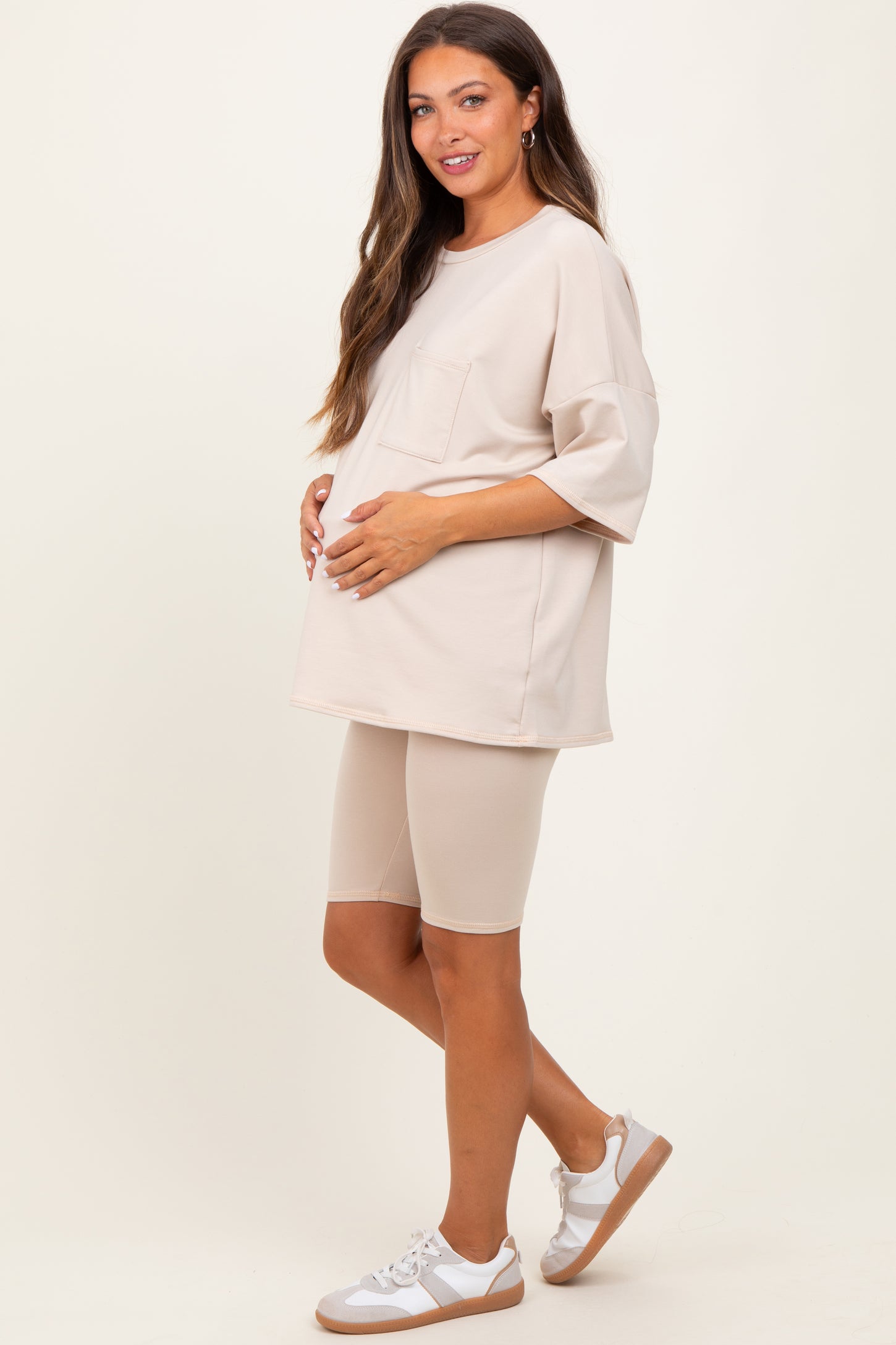 Beige Oversized Short Sleeve Biker Short Maternity Set