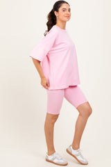 Light Pink Oversized Short Sleeve Biker Short Set