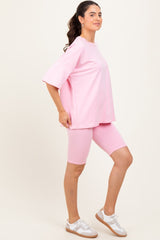 Light Pink Oversized Short Sleeve Biker Short Set