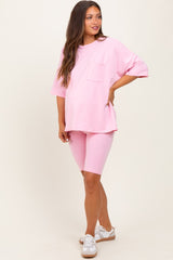 Light Pink Oversized Short Sleeve Biker Short Maternity Set