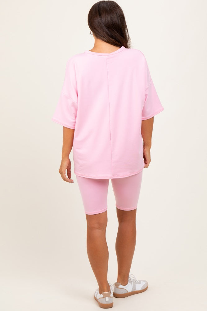 Light Pink Oversized Short Sleeve Biker Short Maternity Set