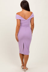 Lavender Off Shoulder Fitted Maternity Midi Dress