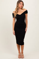 Black Off Shoulder Fitted Maternity Midi Dress