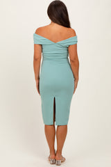 Light Olive Off Shoulder Fitted Maternity Midi Dress