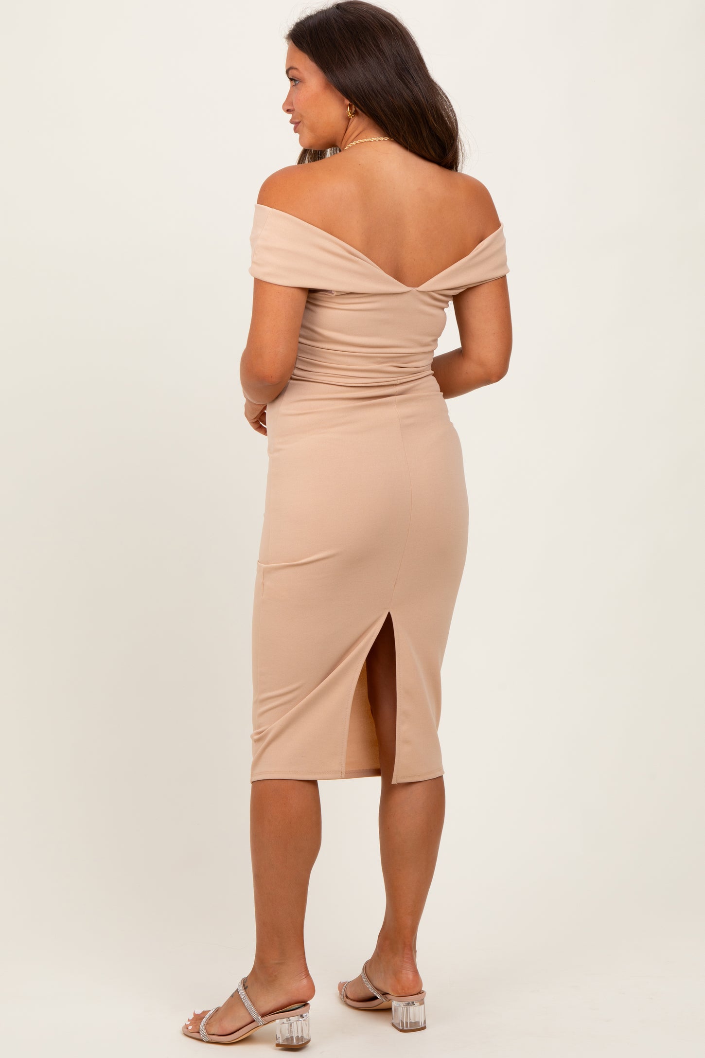 Beige Off Shoulder Fitted Maternity Midi Dress