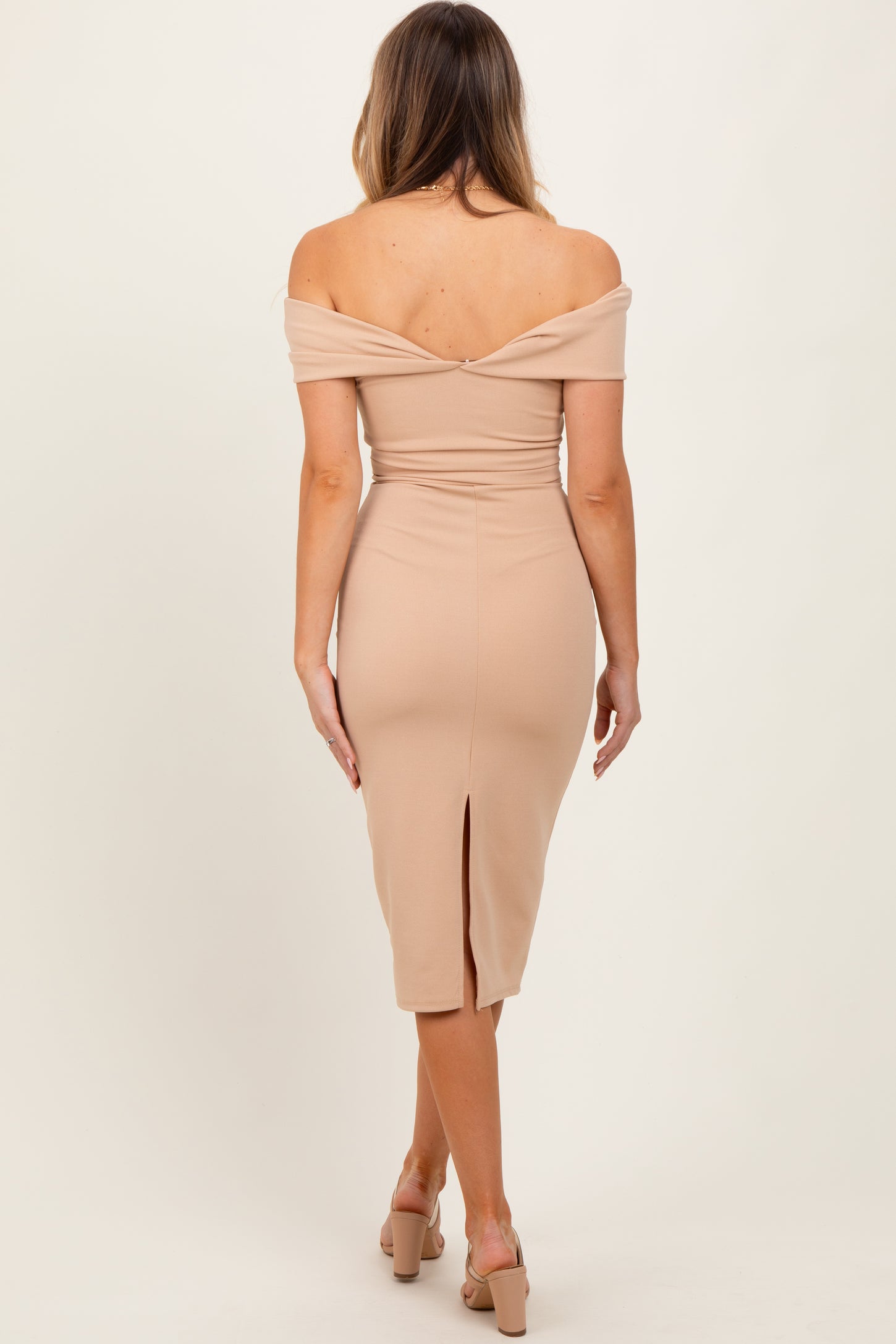 Beige Off Shoulder Fitted Midi Dress