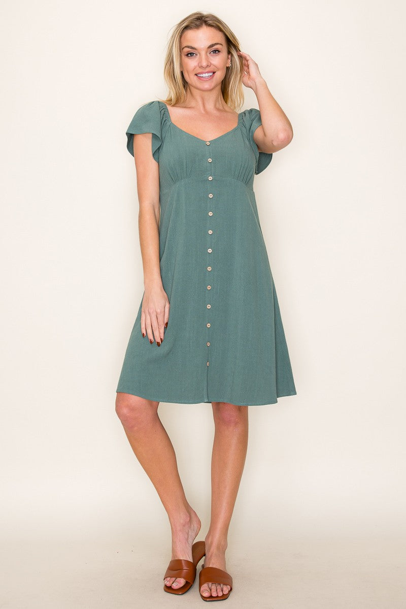 Olive Flutter Sleeve Button Accent Maternity Dress