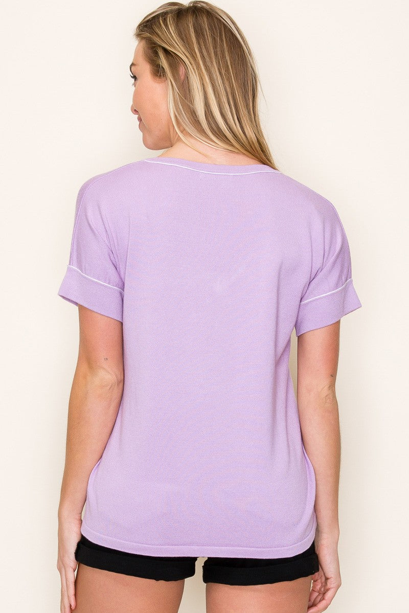 Lavender Knit Stitch Accent Short Sleeve Top