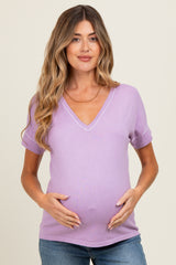 Lavender Knit Stitch Accent Maternity Short Sleeve Top