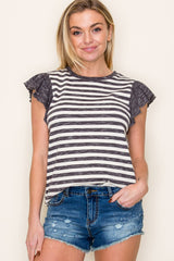 Charcoal Ribbed Striped Flutter Sleeve Maternity Top
