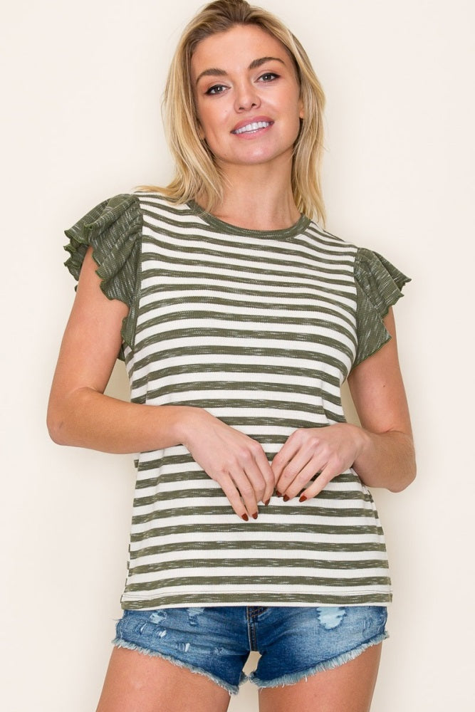 Olive Ribbed Striped Flutter Sleeve Top
