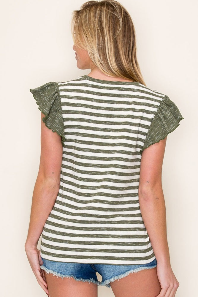 Olive Ribbed Striped Flutter Sleeve Top