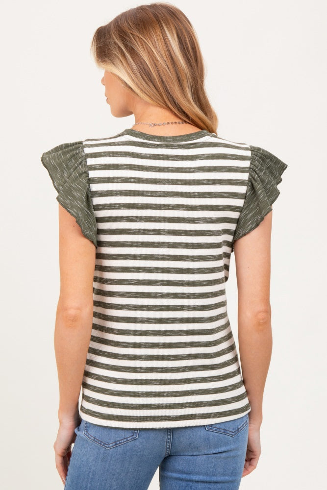 Olive Ribbed Striped Flutter Sleeve Maternity Top