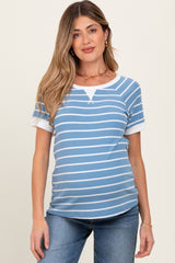 Blue Striped Contrast Border Maternity Top