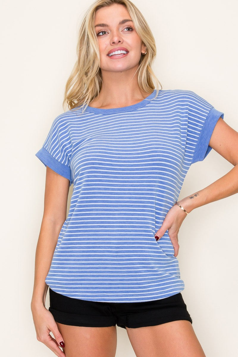 Blue Striped Terry Short Sleeve Top