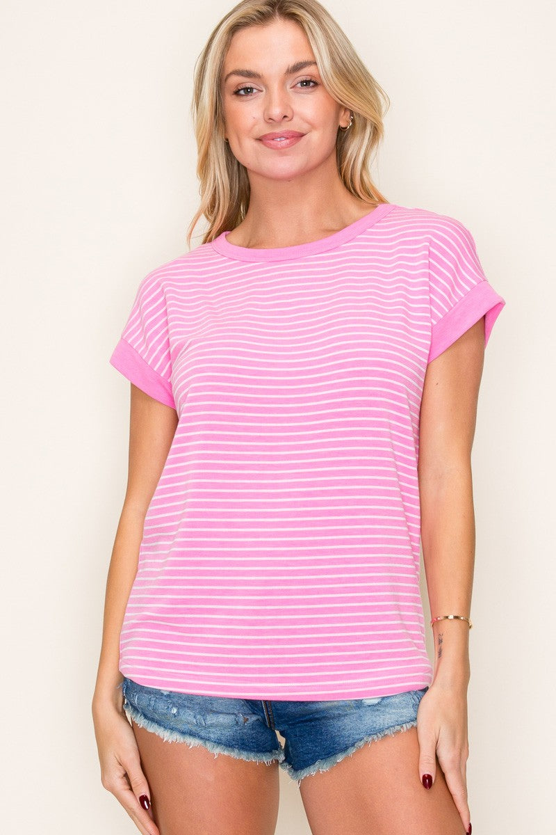 Pink Striped Terry Maternity Short Sleeve Top