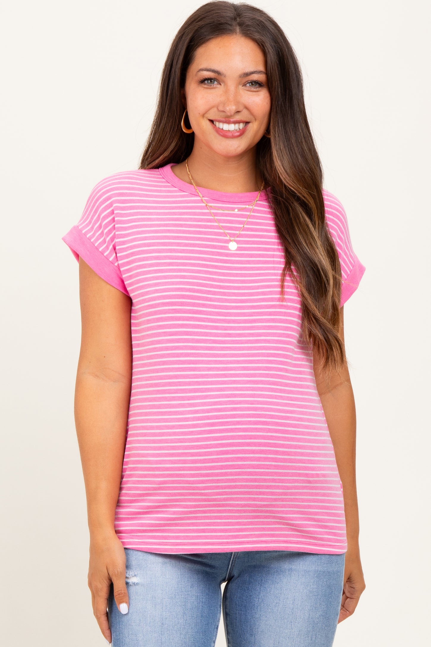 Pink Striped Terry Maternity Short Sleeve Top