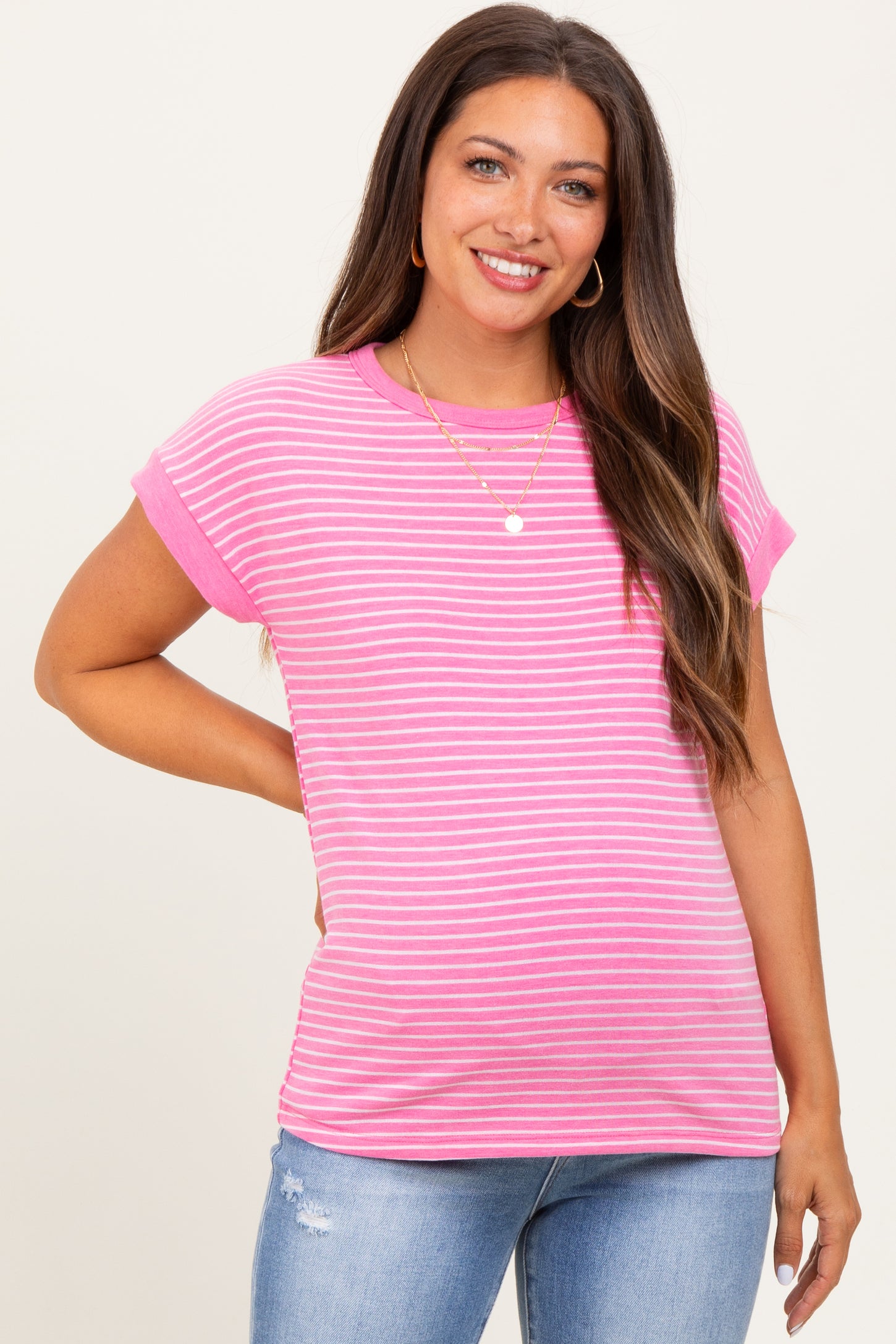 Pink Striped Terry Maternity Short Sleeve Top