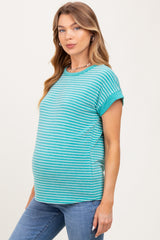 Green Striped Terry Maternity Short Sleeve Top