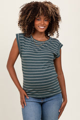 Olive Striped Terry Maternity Short Sleeve Top