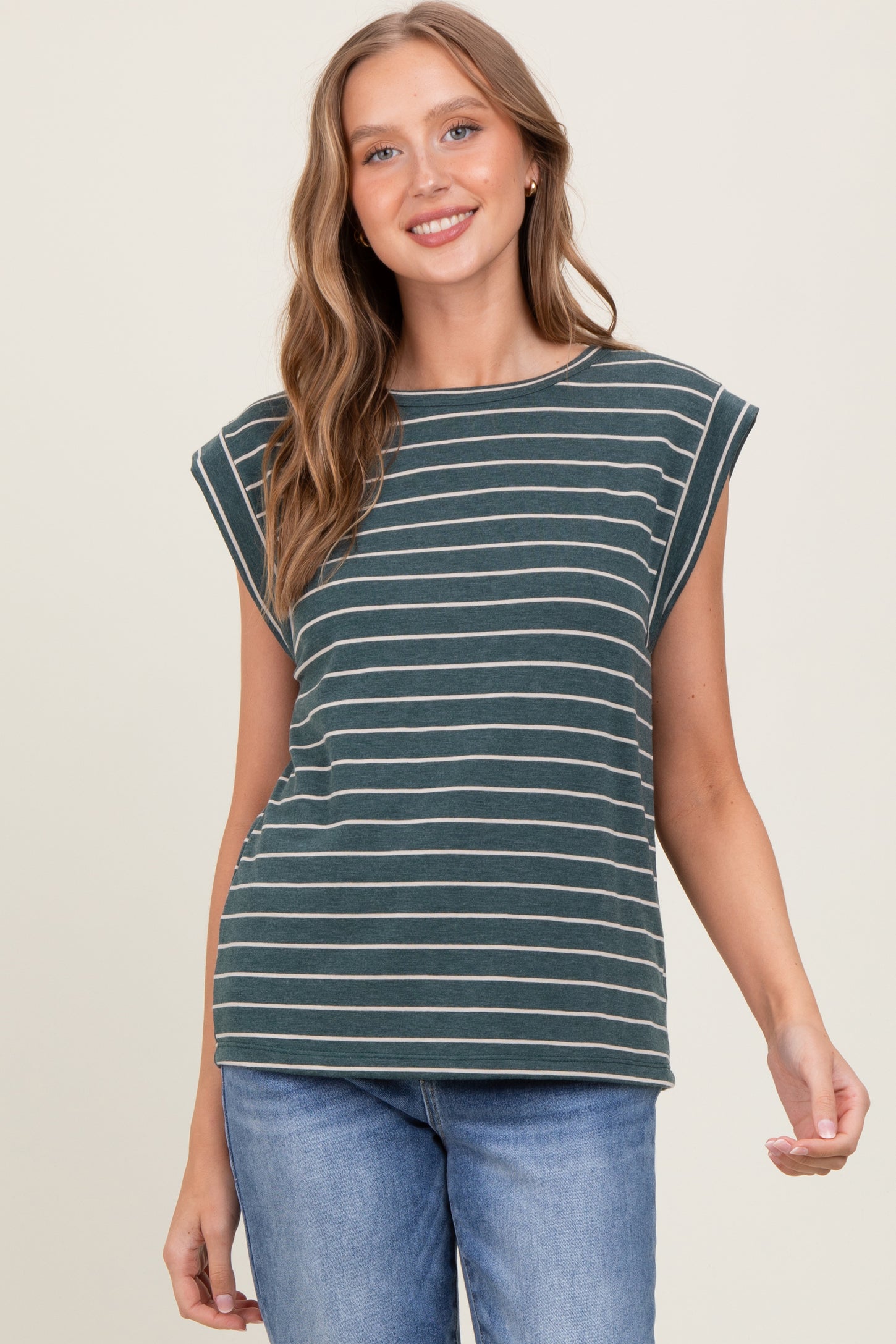 Olive Striped Terry Short Sleeve Top