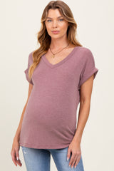 Mauve Terry V-Neck Maternity Short Sleeve Top