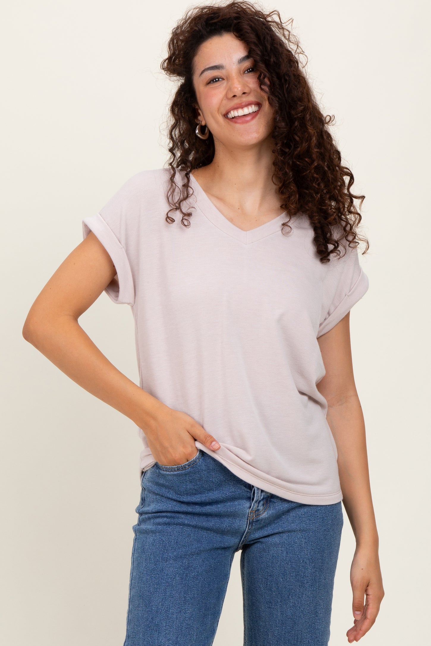Taupe Terry V-Neck Short Sleeve Top