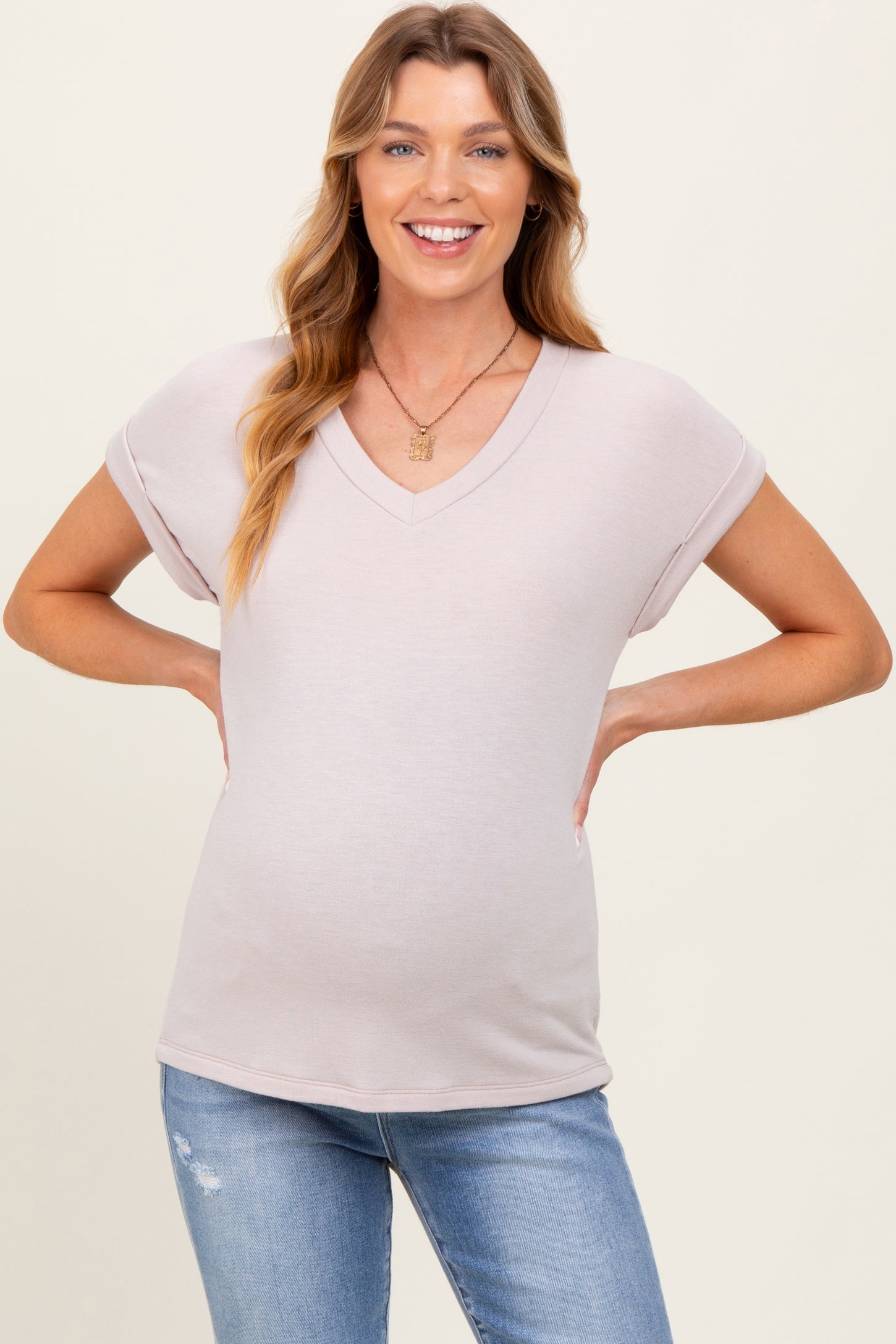 Taupe Terry V-Neck Maternity Short Sleeve Top