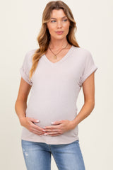 Taupe Terry V-Neck Maternity Short Sleeve Top