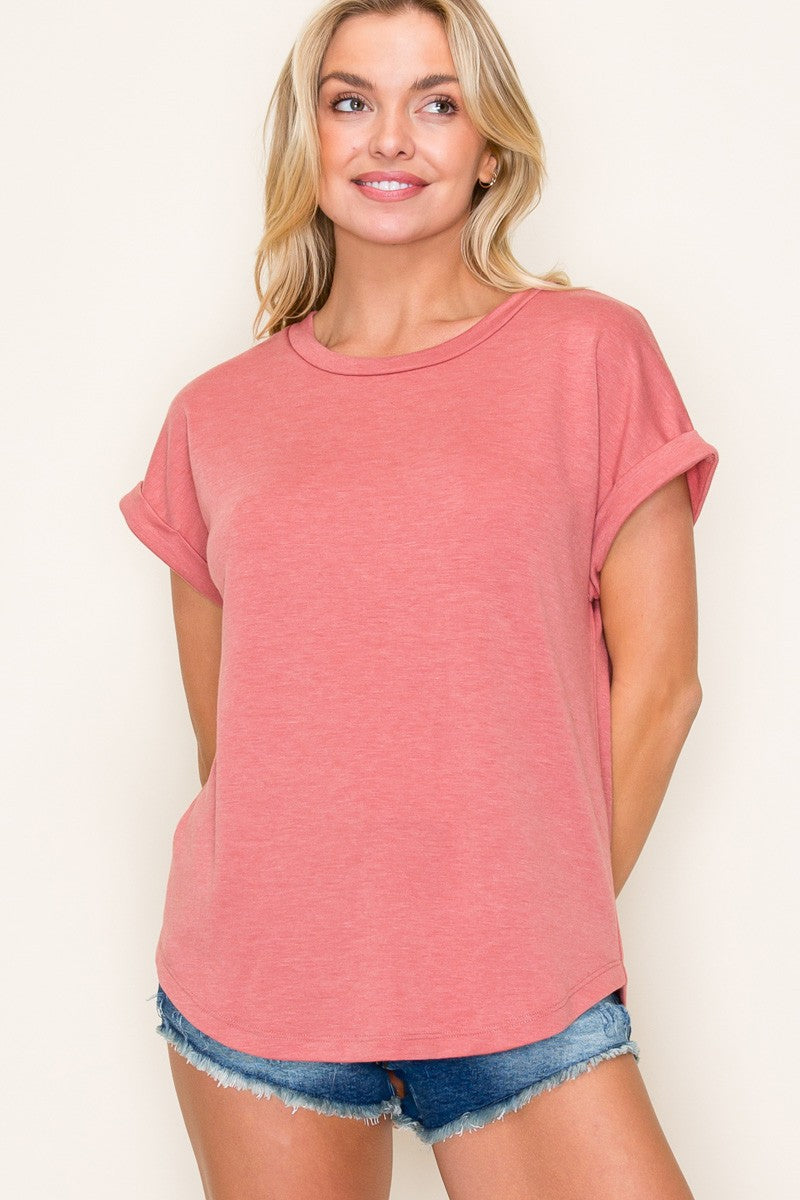 Light Coral Rolled Cuff Short Sleeve Top