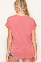 Light Coral Rolled Cuff Short Sleeve Top